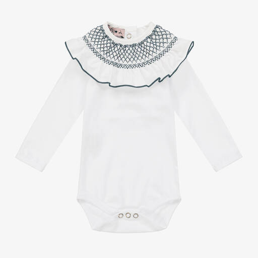 Phi Clothing-Girls White Cotton Shirred Collar Bodysuit | Childrensalon