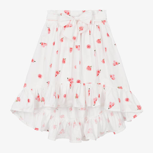 Phi Clothing-Girls White Floral Cotton Asymmetric Skirt  | Childrensalon