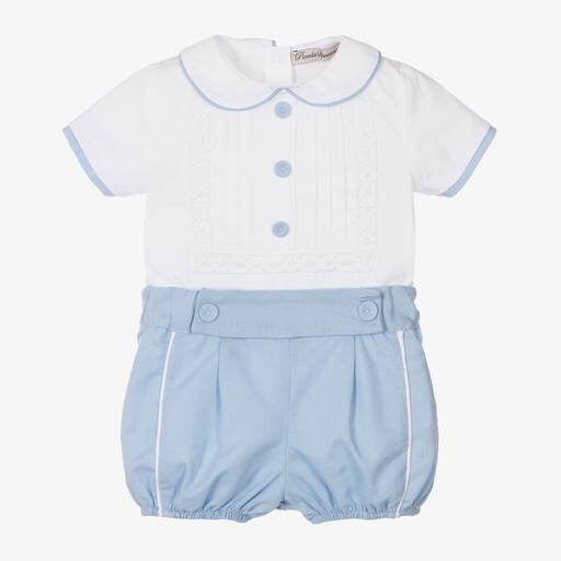 Piccola Speranza-Boys Blue Cotton & Linen Shorts Set | Childrensalon