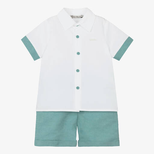 Piccola Speranza-Boys Green & White Linen Shorts Set | Childrensalon