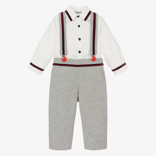 Piccola Speranza-Boys Grey Cotton Herringbone Trouser Set | Childrensalon
