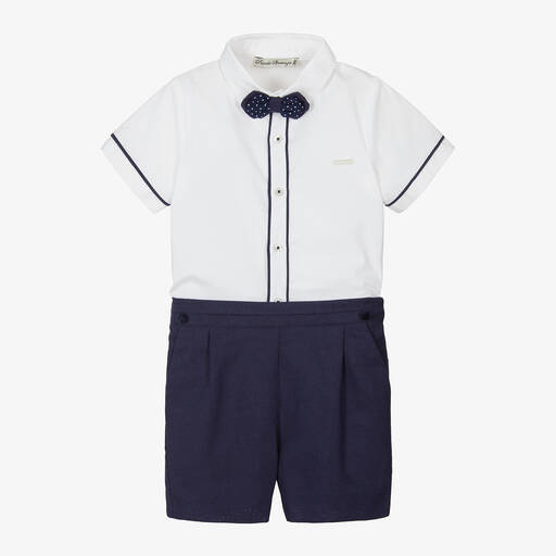 Piccola Speranza-Boys Navy Blue Cotton & Linen Shorts Set | Childrensalon