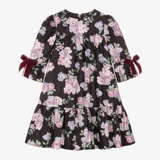 Piccola Speranza-Girls Black Floral Print Cotton Dress | Childrensalon