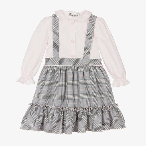 Piccola Speranza-Girls Grey & Pink Tartan Skirt Set | Childrensalon