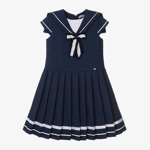 Piccola Speranza-Girls Navy Blue Cotton Sailor Dress | Childrensalon