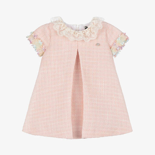 Piccola Speranza-Girls Pink Bouclé Tweed Lace Collar Dress | Childrensalon