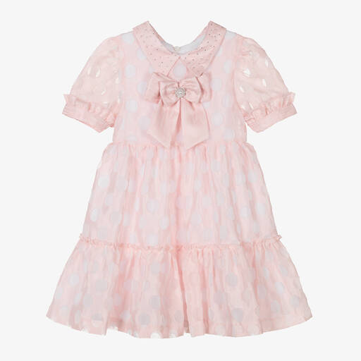 Piccola Speranza-Girls Pink Collared Polka Dot Dress | Childrensalon