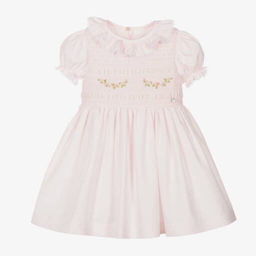 Piccola Speranza-Розовое хлопковое платье с присборенной вышивкой для девочек | Childrensalon