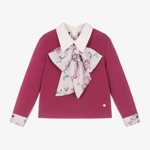 Piccola Speranza-Girls Pink Floral Bow Cotton Sweatshirt | Childrensalon