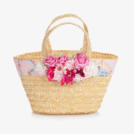 Piccola Speranza-Girls Pink Floral Straw Bag (25cm) | Childrensalon