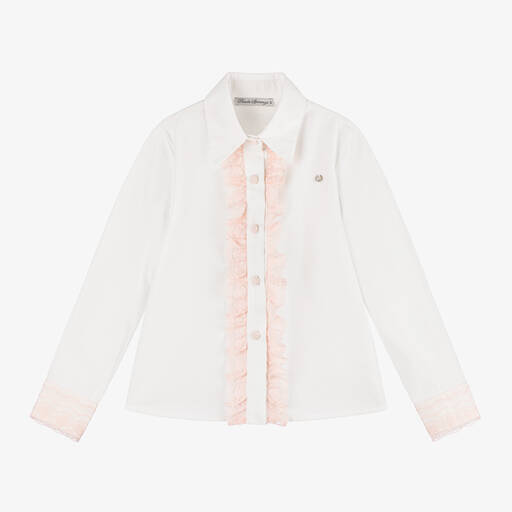 Piccola Speranza-Girls White Cotton & Pink Lace Blouse | Childrensalon