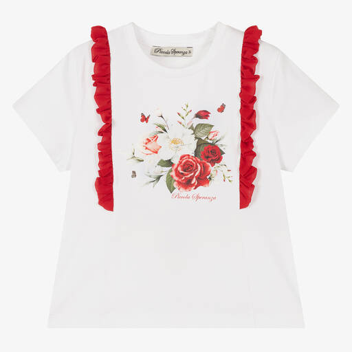 Piccola Speranza-Girls White Cotton Rose T-Shirt | Childrensalon