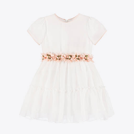 Piccola Speranza-Girls White Glittery Floral Belt Dress | Childrensalon