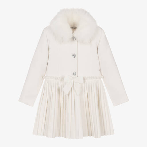 Piccola Speranza-Girls White Pleated Coat | Childrensalon