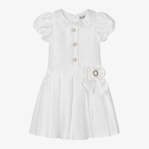 Piccola Speranza-Girls White Satin Collared Dress | Childrensalon