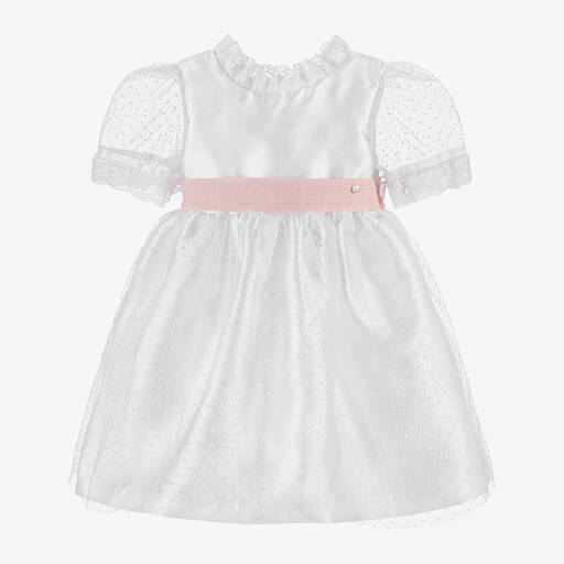 Piccola Speranza-Girls White Satin & Tulle Dress | Childrensalon