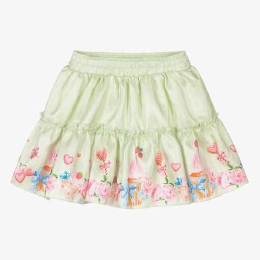 Piccola Speranza-Green Floral Ruffle Satin Skirt | Childrensalon
