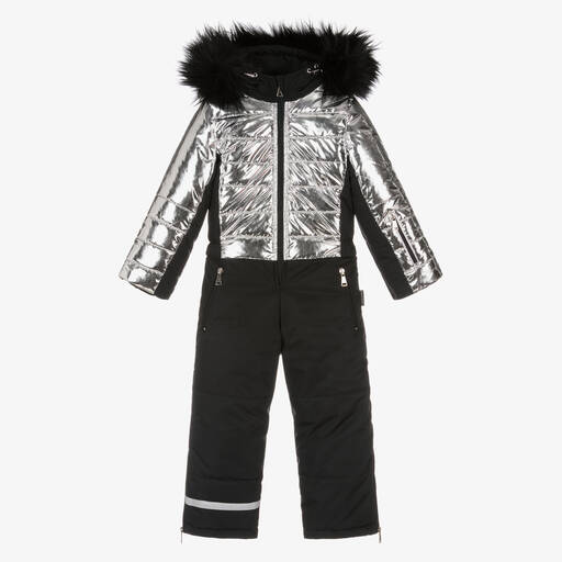 Pilguni-Black & Metallic Silver Puffer Snowsuit | Childrensalon