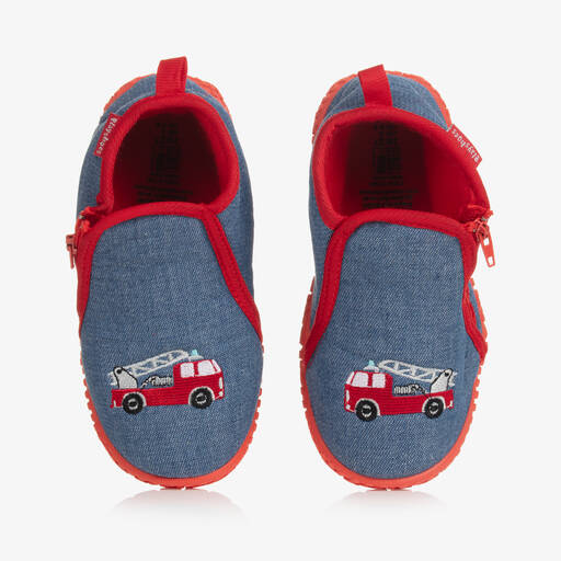 Playshoes-سليبرز قماش دنيم لون أزرق وأحمر للأولاد | Childrensalon