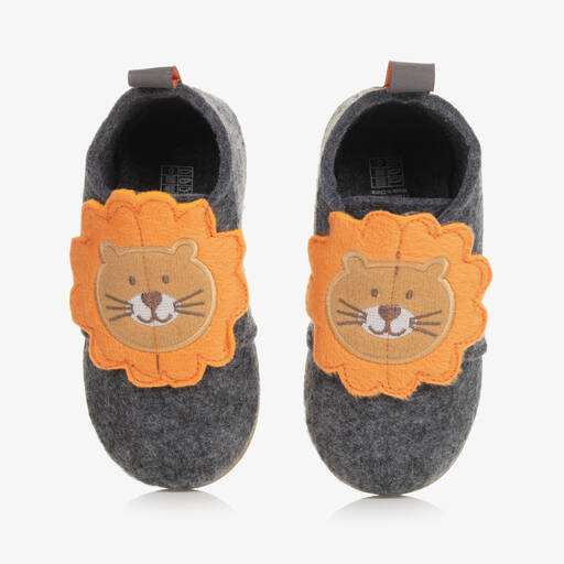 Playshoes-Grey Lion Slippers with Velcro | Childrensalon