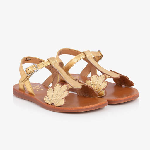 Pom d'Api-Girls Gold Leather Flower Sandals | Childrensalon