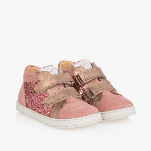 Pom d'Api-Girls Pink Suede Leather & Sequin Trainers | Childrensalon
