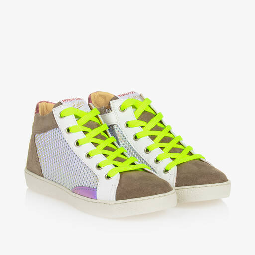 Pom d'Api-Girls Silver & Brown Suede Leather Trainers | Childrensalon
