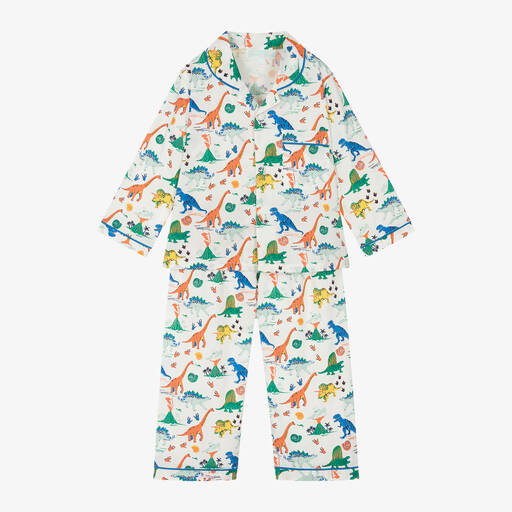 Powell Craft-Boys White Dinosaur Print Cotton Pyjamas | Childrensalon