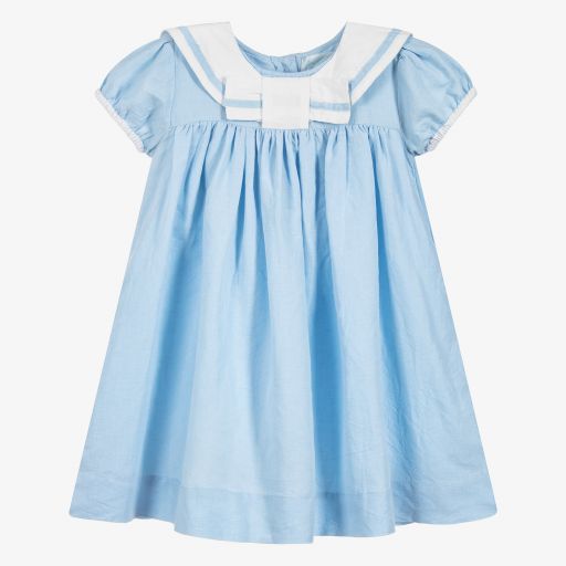 Powell Craft-Girls Blue Linen Sailor Dress | Childrensalon