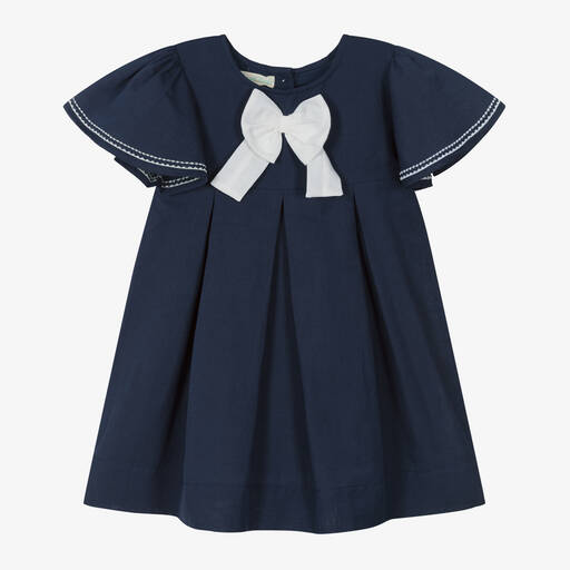 Powell Craft-Girls Navy Blue Linen & Cotton Dress | Childrensalon