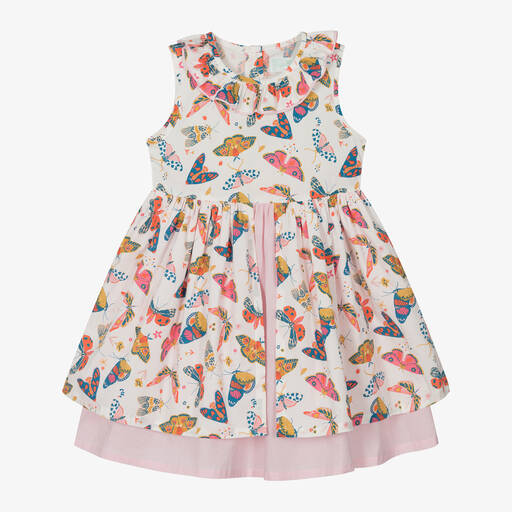 Powell Craft-Girls Pink Cotton Butterfly Print Dress | Childrensalon