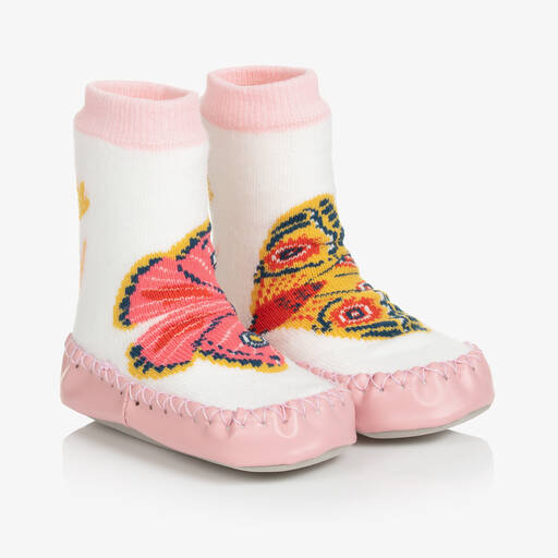 Powell Craft-Girls Pink & White Butterfly Slipper Socks | Childrensalon
