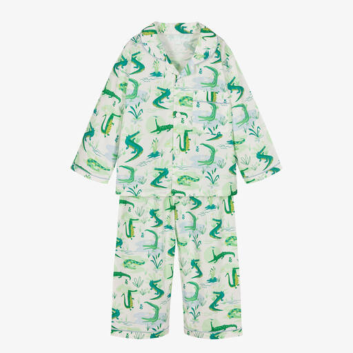 Powell Craft-Кремовая хлопковая пижама с зелеными крокодилами | Childrensalon