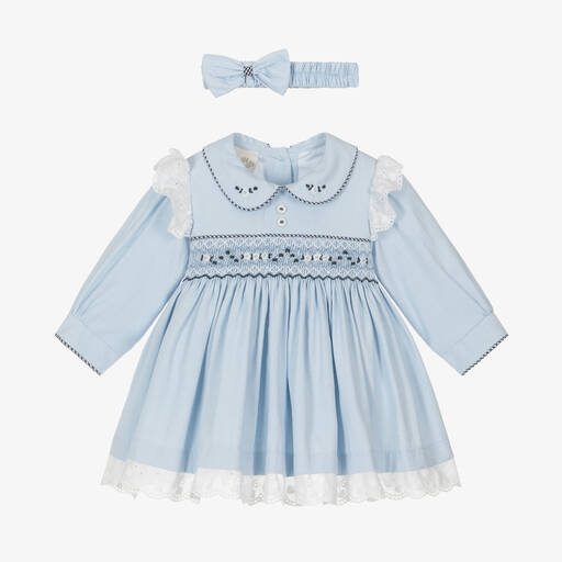 Pretty Originals-Baby Girls Blue Hand-Smocked Dress Set | Childrensalon