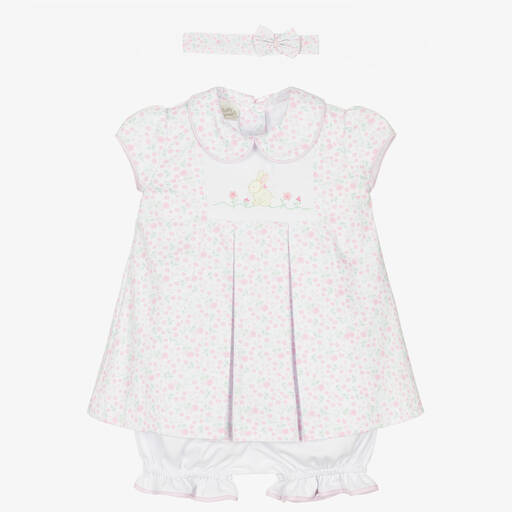 Pretty Originals-Baby Girls White & Pink Cotton Dress Set | Childrensalon