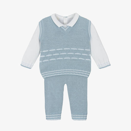 Pretty Originals-Boys Blue Knitted Cotton Trouser Set | Childrensalon