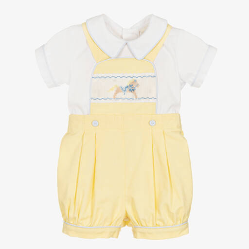 Pretty Originals-Boys Yellow Rocking Horse Dungarees Set | Childrensalon