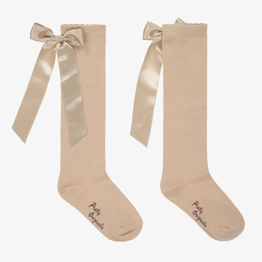 Pretty Originals-Girls Beige Bow Cotton Socks | Childrensalon