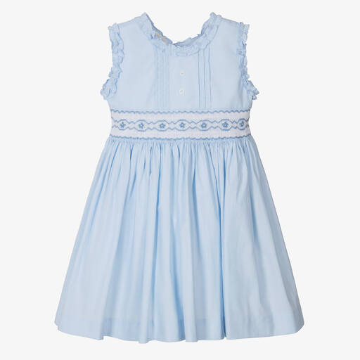 Pretty Originals-فستان مطرز سموكينغ قطن لون أزرق فاتح | Childrensalon