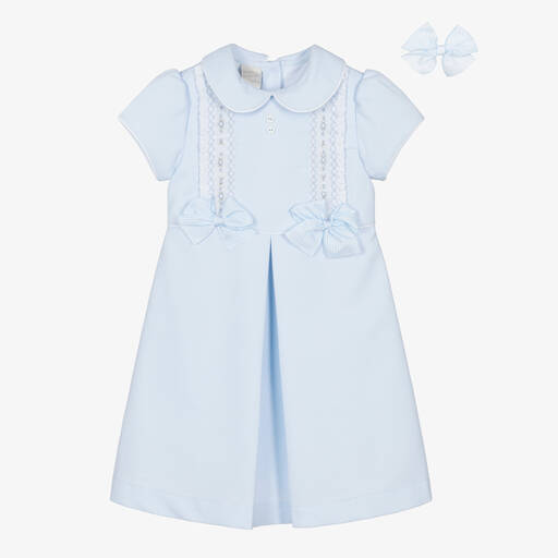 Pretty Originals-طقم فستان مطرز سموكينغ قطن لون أزرق | Childrensalon