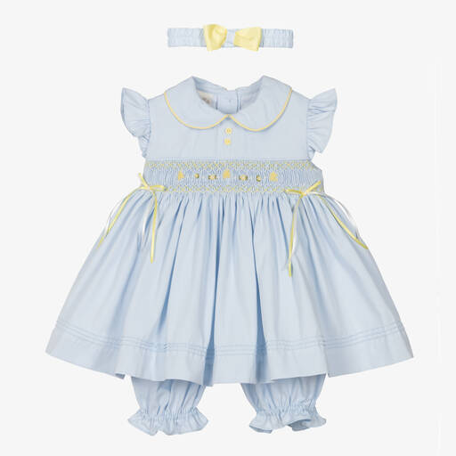 Pretty Originals-Girls Blue Smocked Cotton Dress Set | Childrensalon