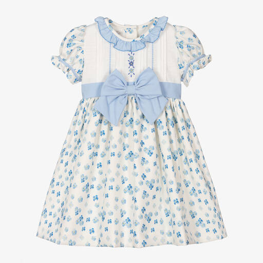 Pretty Originals-Girls Ivory & Blue Floral Twill Dress | Childrensalon
