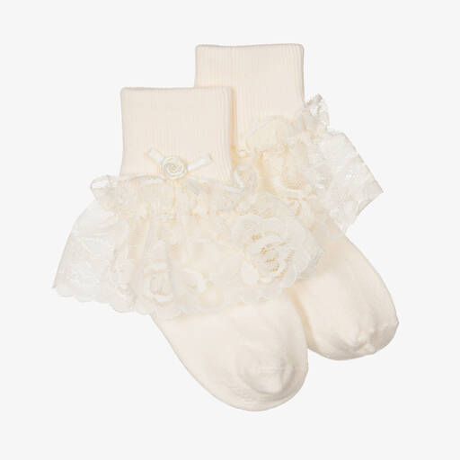 Pretty Originals-Girls Ivory Cotton & Lace Socks | Childrensalon