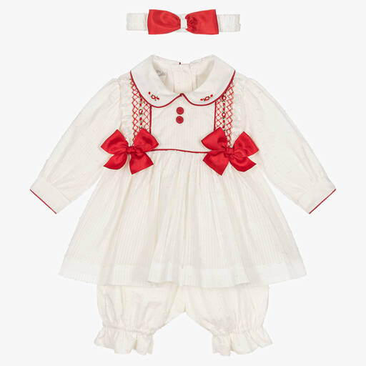 Pretty Originals-Girls Ivory & Red Smocked Dress Set | Childrensalon