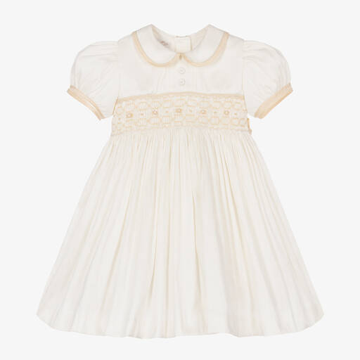 Pretty Originals-Girls Ivory Smocked Dupion Dress | Childrensalon
