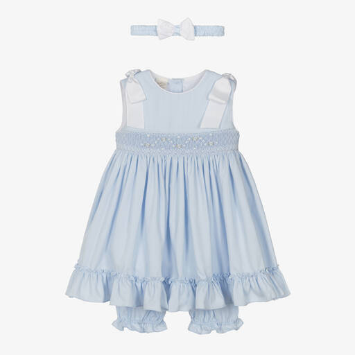 Pretty Originals-Ensemble robe bleue smockée en coton | Childrensalon