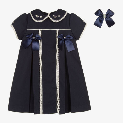 Pretty Originals-Girls Navy Blue Lace & Bow Dress Set | Childrensalon