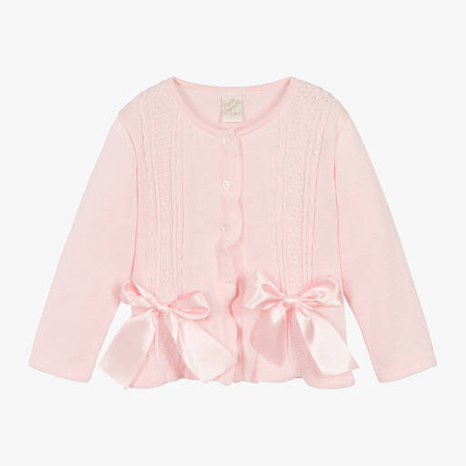 Pretty Originals-Girls Pink Cotton Knit Bow Cardigan | Childrensalon