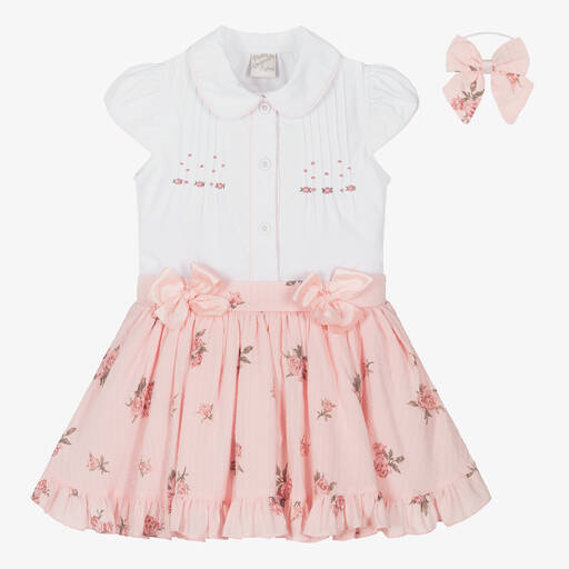 Pretty Originals-Girls Pink Floral Viscose Skirt Set | Childrensalon