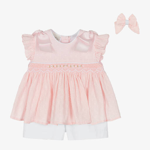 Pretty Originals-Girls Pink Smocked Cotton Shorts Set | Childrensalon